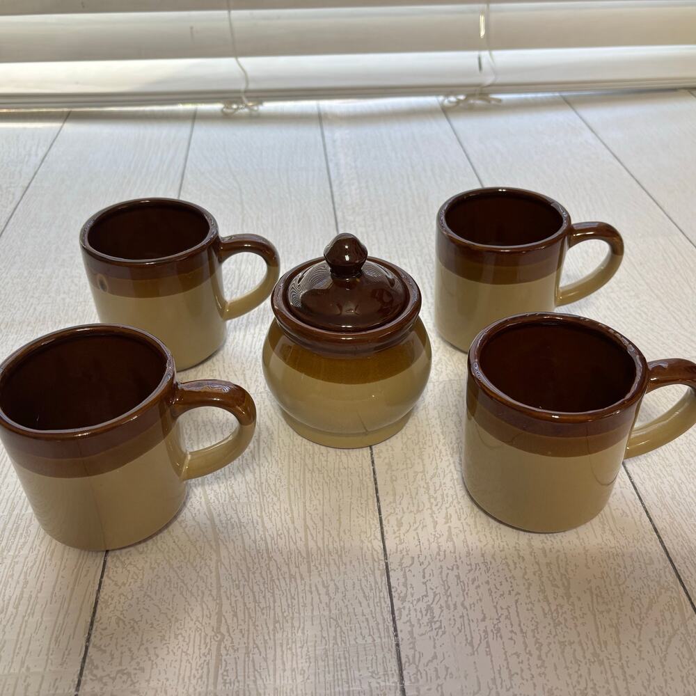 Vintage Brown Stoneware Coffee Mug & Sugar Bowl Set 5 Pc